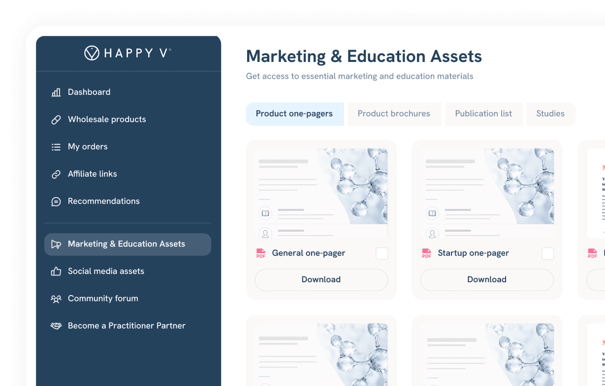 Portal Marketing & Education Assets page with product one-pagers and brochures