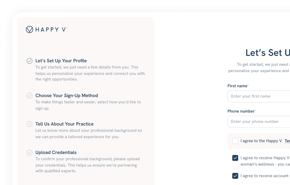 Practitioner Portal onboarding form with profile setup steps